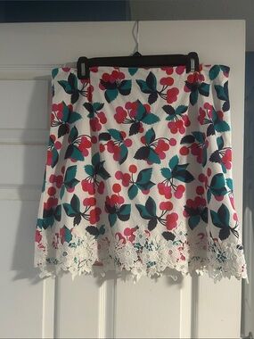 Draper James White Cherry-Print A-Line Skirt with Teal Leaves and Lace Trim